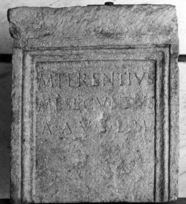 Framed Rectangular Altar (1st Century CE). Inscription: M(arcus) Terentius / M(arcus) L(ucius) Secundus / A(quis) A(ponis) v(otum) s(olvit) l(ibens) m(erito) (Maffeian Museum) - Marcus Terentius / Marcus Lucius Secundus / at Aquae Aponi (or: at Abano Baths) / fulfilled the vow willingly and deservedly.