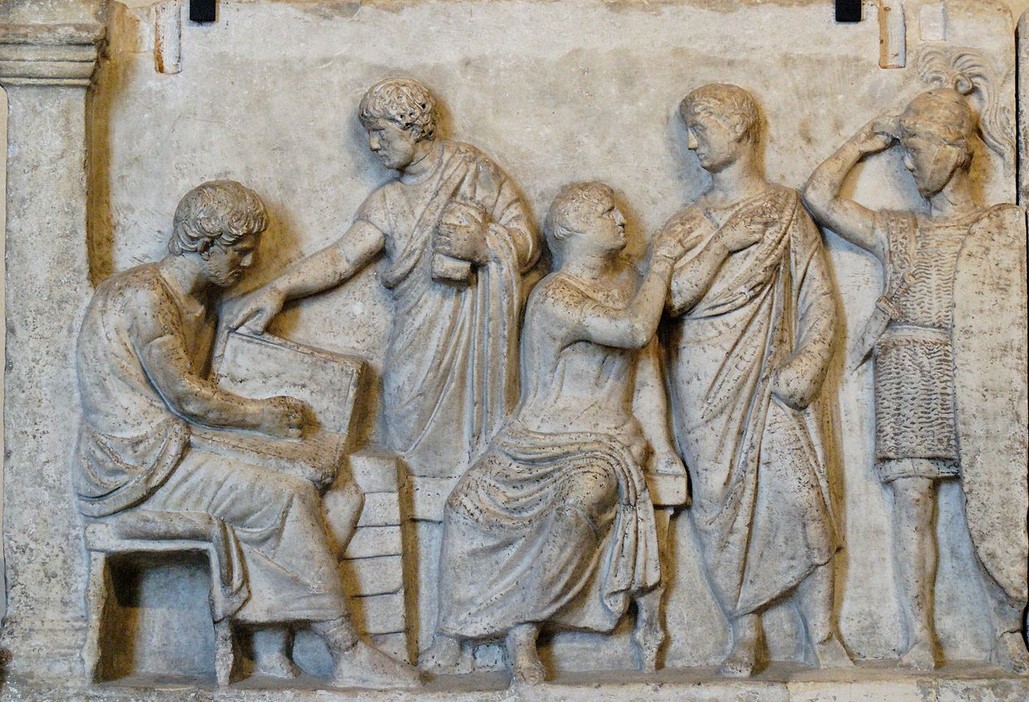 Left part of a plaque from the Altar of Domitius Ahenobarbus known as the “Census frieze”. Marble, Roman artwork of the late 2nd century BC. From the Campus Martius, Rome.