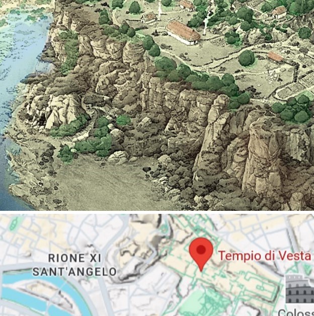 Graphic Reconstruction: The Tiber River, the Cermalus with the Lupercal, and Faustulus’s hut with the Capitoline Hill in the background.