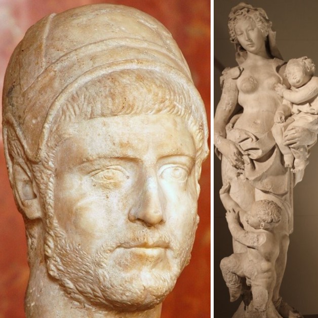 Siena, Santa Maria della Scala Hospital - Sculptures from Fonte Gaia by Jacopo della Quercia‎; and a portrait of a flamen quirinalis in Louvre Museum, Paris