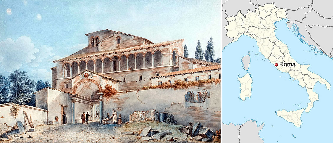 Monastery of San Saba (1787), Victor-Jean Nicolle. The church and convent housed Acemete monks who settled here around the 8th century. San Saba was one of Rome’s most important medieval monasteries, built atop a Roman oratory dedicated to St. Silvia (Pope Gregory the Great’s mother), later inhabited by hermits