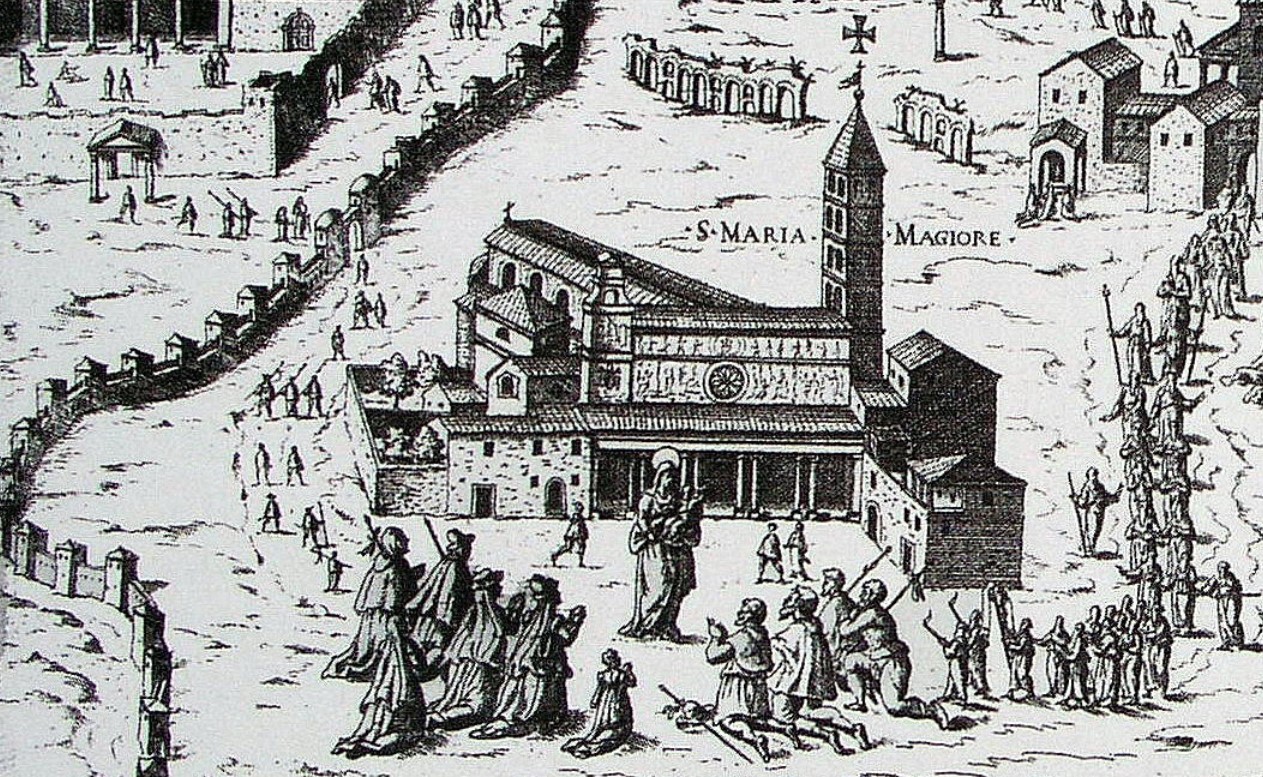 Detail of Saint Mary Major. 'The Seven Churches of Rome', copper engraving from Speculum romanae magnificentiae, 1575 (Antoine Lafréry)