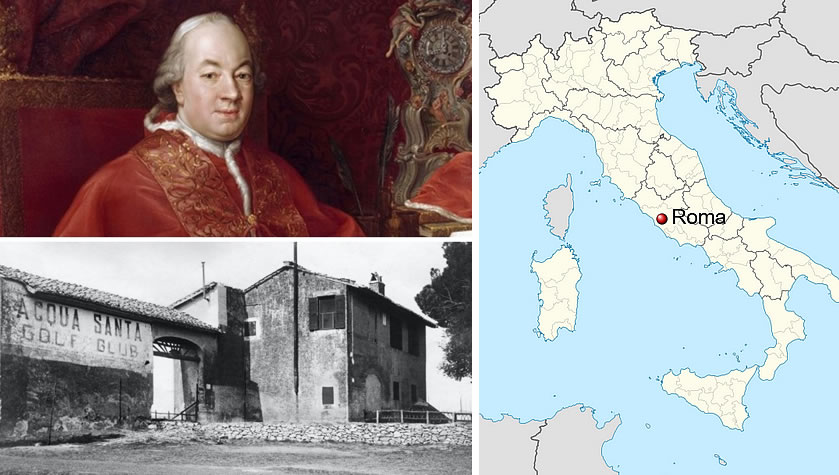 Portrait of Pope Pius VI (1775) by Giovanni Angelo Braschi (1717–1799) and the ancient thermal buildings of Acquasanta, constructed by the Pope, located to the right of the current Hole 1 of the Rome Golf Club, repurposed as the original Club House.