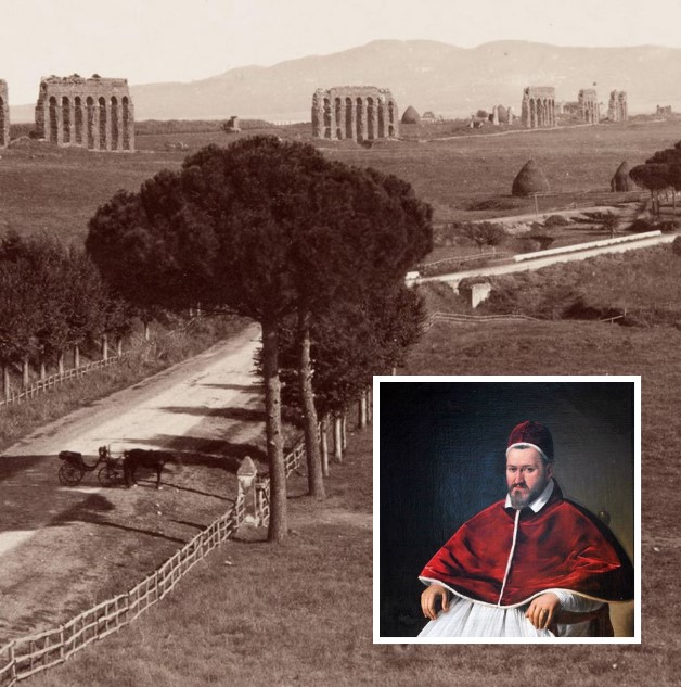 Portrait of Pope Paul V by Caravaggio (1571–1610) and the right side of Via Appia Nuova in the area of the Acqua Santa spring, located in the ditch where the Almone stream flows, in 1888.