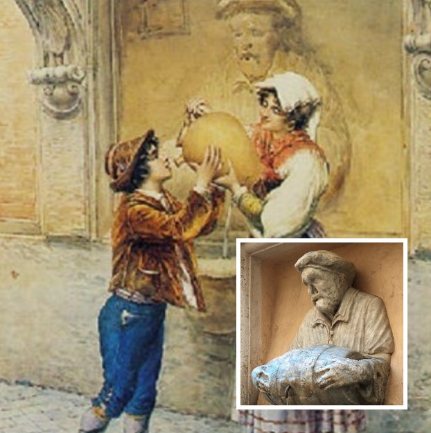 The Fontana del Facchino and a 1637 engraving by Domenico Parasacchi showing the original features of the porter's face before its defacement.