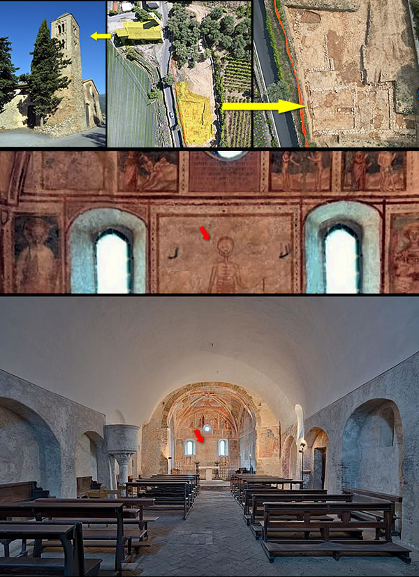 Church of Santo Stefano in Massaro: adjacent archaeological excavation area (yellow arrow) and interior with fresco depicting death (red arrow)