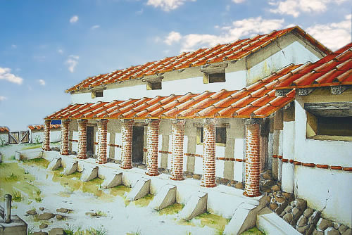Graphic reconstruction of the Roman-era rustic villa in Caselette, Turin, Italy