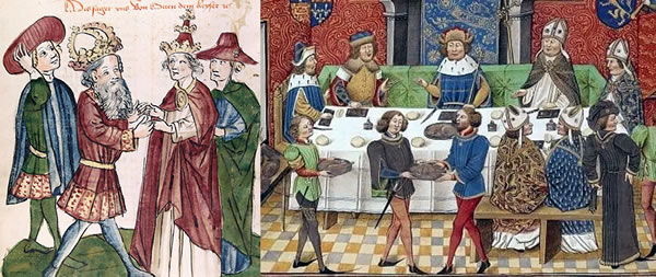 The meeting of Otto I and Pope John XII (drawing from c. 1450) and a scene from a Renaissance banquet.