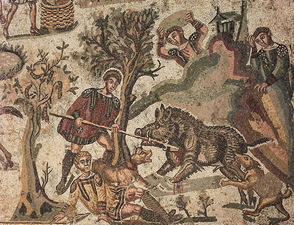 A 4th-century AD mosaic depicting a wild boar hunt adorning one of the rooms of the Roman villa of Casale di Piazza Armerina, Sicily, Italy