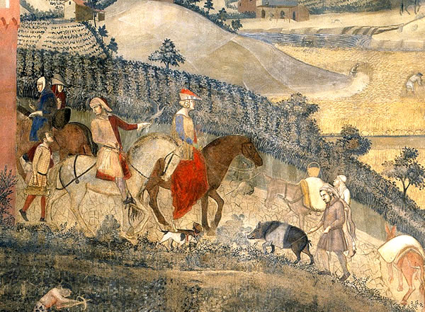Detail with a wild boar from the fresco (1340) by Ambrogio Lorenzetti in the Palazzo Civico in Siena, Italy.