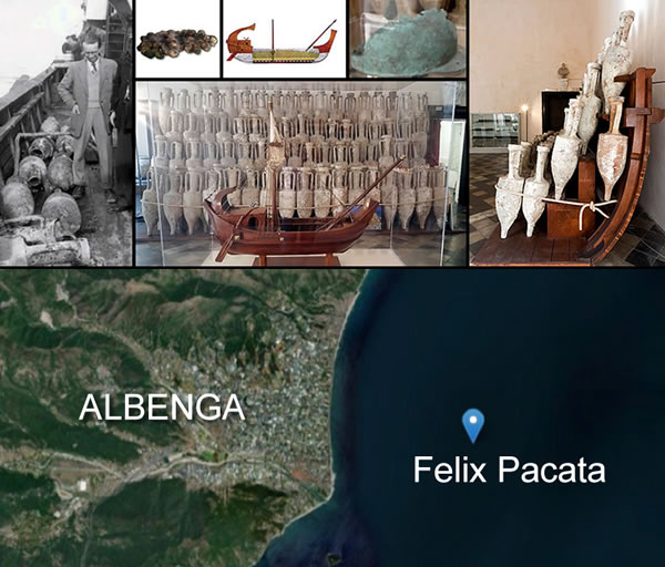 Roman Ship of Albenga (1st century BC): Professor Nino Lamboglia aboard the Artiglio in 1950 with some recovered amphorae - Hazelnuts found in the cargo - One of the bronze helmets - Reconstructed longitudinal section of the ship - View of the reconstructed midship section with Dressel 1B amphorae in stowage position and, in front, the ship model