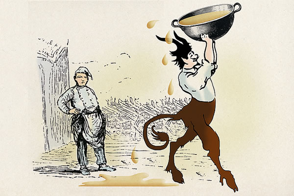 Figurative proverb: 'The devil makes pots but not lids'; the honest cook discovers the deceitful maneuver of the demon in the kitchen, who cannot cover his misdeed, and the contents of the pot he tried to hide overflow. Colored illustration based on a 19th-century woodcut.