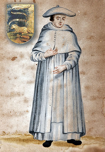 Coat of arms and monk of the Congregation of the Umiliati (drawing from before 1656) – Church of Santi Stefano e Cecilia al Ponte, Florence, Italy.