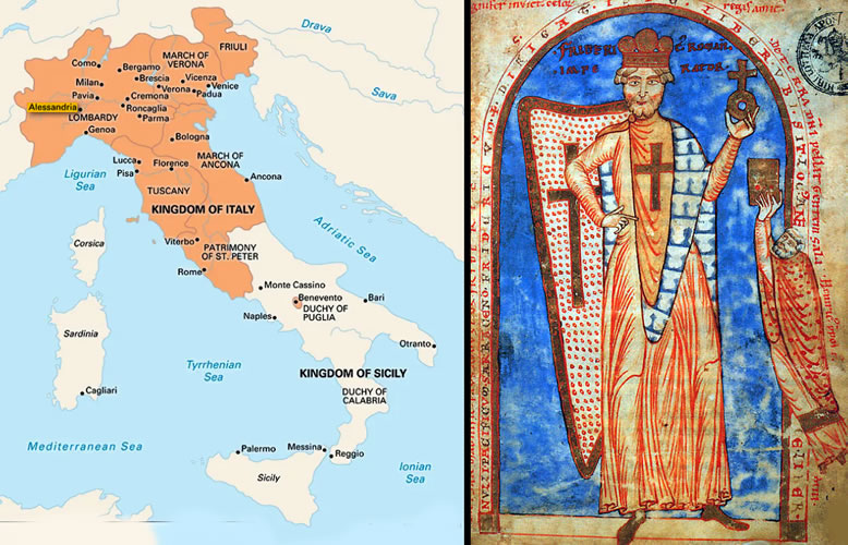 Italy in the late 12th century and Frederick I, Holy Roman Emperor as crusader. Dedicatory image from a manuscript of Robert the Monk's Historia Hierosolymitana (Vat. Lat. 2001, dated ca. 1188)