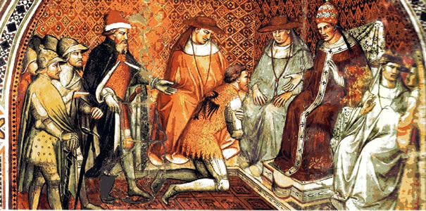 Fresco in Palazzo Pubblico, Siena depicting the submission of the emperor Frederick Barbarossa to the authority of Pope Alexander III