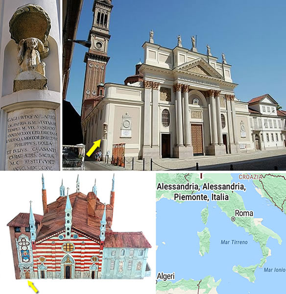 Sculpture of Gagliaudo with related inscription on the modern-day Alessandria Cathedral and on the old one.
