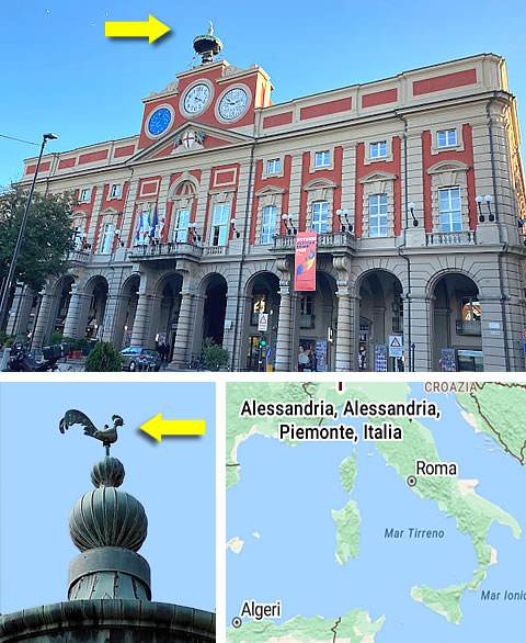 Little Rooster on the Municipal Palace of Alessandria (Palazzo Rosso), Italy – Seen from below, it appears to be of considerable size; in reality, the statue is 31 cm tall from its feet to its comb and 43 cm long from its beak to the tip of its tail.