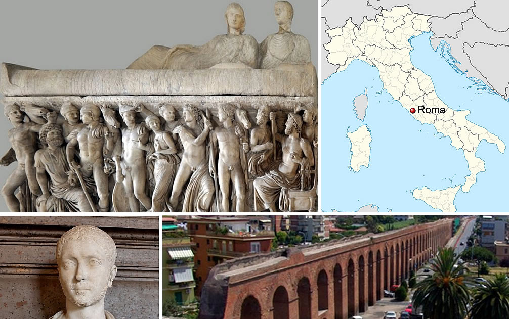 A section of the Alexandrian Aqueduct; a bust of the eponymous emperor; and his marble sarcophagus (3rd century AD) from the 'Monte del Grano' – between Via Tuscolana and Via Labicana – now kept in the Capitoline Museums, Rome.
