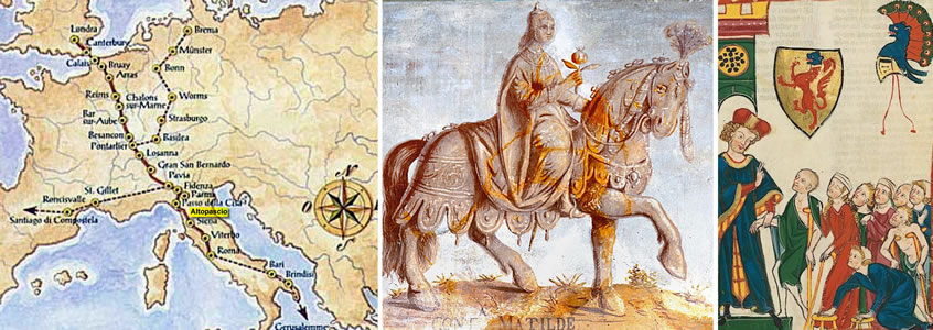 Map of the Via Francigena - Unpublished portrait of Matilda of Tuscany (Matilda of Canossa) - Codex Manesse, Hesso von Reinach (c. 1300)Map of the Via Francigena - Unpublished portrait of Matilda of Tuscany (Matilda of Canossa) - Codex Manesse, Hesso von Reinach (c. 1300)