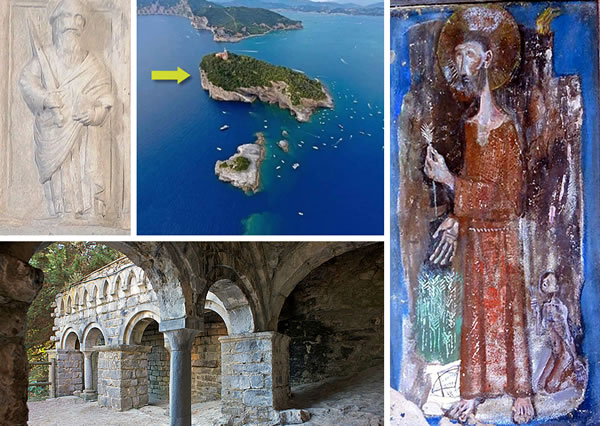 Saint Venerius depicted on the pulpit with Saints Peter, Paul, and Pachomius (Church of San Lorenzo, Porto Venere, Italy) and in a fresco (Diocese of La Spezia-Sarzana-Brugnato, Italy) - Island of Tino and remains of the monastery (La Spezia, Italy)