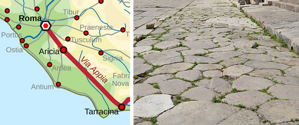 Route of the ancient Via Appia from Rome to Terracina and a photo of a section of it at Terracina.