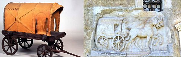 Carriage for the kingdom to come (CSIR II/4, 399), which brings a soul to the other world. Roman stone relief (2nd century AD) depicting a Gallic-origin four-wheeled vehicle used for long journeys (carruca dormitoria), covered with leather and also equipped with a side window, suitable for long trips in any season and weather conditions - Virunum II cemetery in Zollfeld near Maria Saal, exposed on the southern outer wall of Maria Saal Cathedral, Maria Saal market town, Klagenfurt Land district, Carinthia, Austria, EU; and a wooden model of a carruca dormitoria, Rome, Museum of Roman Civilization.