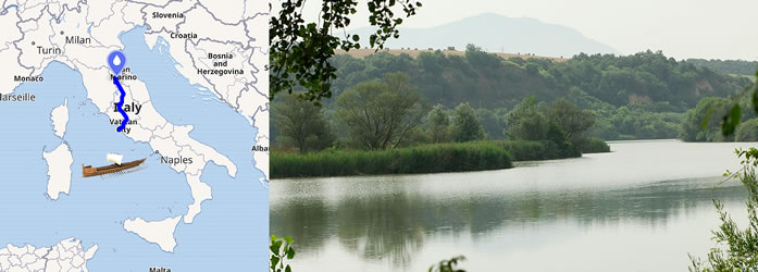 The Tiber river and the map of its course with a reproduction of a penteconter (or penteconter).