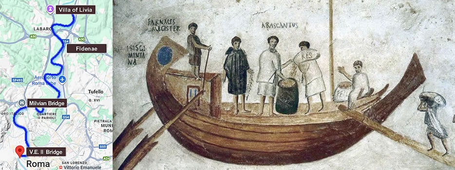 Course of the Tiber from Ponte Vittorio Emanuele II to the Villa of Livia; and a fresco from Santa Severa (Rome) depicting the loading operation of a caudicaria ship, Vatican Museums.