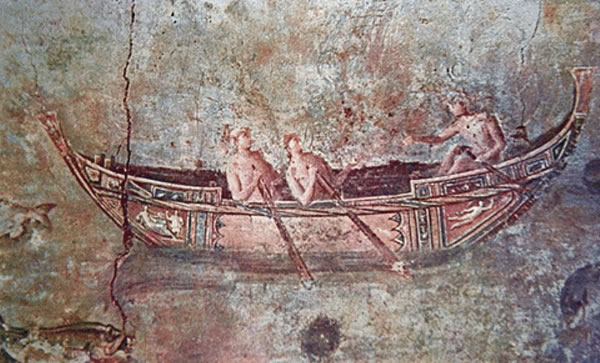 Painting of a small pleasure craft, found among the port facilities of Pietra di Papa, on the Tiber near Rome. On the boat are two figures each handling a pair of oars, and one at the stern, the helmsman, who steers the boat with a long oar. Of notable effect is the reflection of the boat on the water, revealing great refinement by the author.
