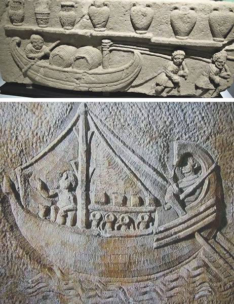 (Top) Bas-relief of upstream haulage, Museum of Arles. (Bottom) Boundary stone found in Trastevere, Rome, depicting a cargo ship from the 3rd-4th century AD used for transporting wine amphorae. It is a typical haulage riverboat, lacking oars and sail, equipped only with rudders and a robust forward hawser post, from which it was tied and towed from the shore with a rope. - National Roman Museum, Rome.