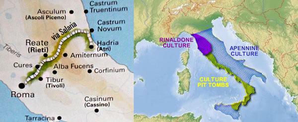 Map of the Via Salaria route and map of the Rinaldone, Apennine, and Tomb Cultures.