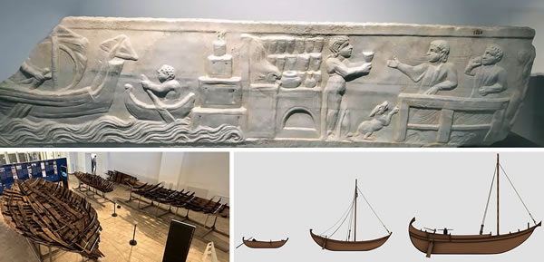 (Top) Funerary relief with a navigation and tavern scene from tomb 90 at Ostia Antica. Two customers, a woman and a man, are seated at a table. One is drinking from a cup, a barmaid brings a cup to the other. To the left of the barmaid is the bar counter, with a small water basin with a curved surface, precisely what can be seen in several bars at Ostia. Above the counter are shelves with long rows of ships. The bar must be located in the port. A simple port scene is depicted to the left of the bar. A cargo ship and a rowboat are approaching the Claudian lighthouse. (Bottom) Wrecks of three caudicariae ships at the Museum of Ships in Fiumicino (Rome).
