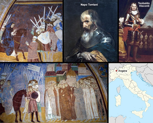 Master of Angera, Surrender of Napo Torriani to Ottone Visconti, fresco in the Hall of Justice; and Portrait of Napo Torriani, by an unknown artist of the early 19th century - Portrait of Tebaldo Visconti, by Adler, Salomon (1630-1709) - Master of Angera, detail with The Entry of Ottone Visconti into Milan, fresco, Hall of Justice.