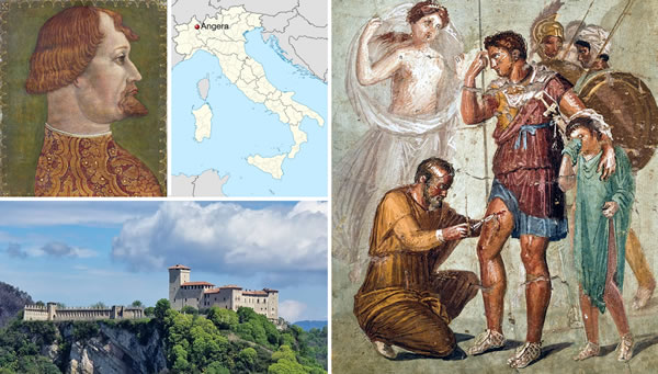 Gian Galeazzo Visconti by Giovanni Ambrogio de Predis (circa 1455–after 1508), 15th century - With the help of Aphrodite, the physician Iapyx heals Aeneas, wounded in the leg during the fight against Turnus, king of the Rutuli. Fresco dating from the 1st century AD. National Archaeological Museum, Naples
