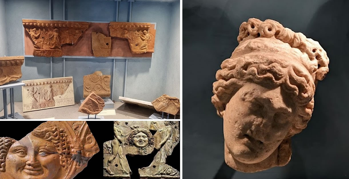 Campana plaques from Velletri (Madonna degli Angeli site): ‘Birth of Dionysus’ (late 1st century BC) and ‘Gorgon Medusa’ (Augustan era). Pellegrini Collection, Velletri Archaeological Museum.- Equivalent Medusa plaque from the Temple of Apollo on Rome’s Palatine Hill. - Campana plaques are decorated, painted terracotta slabs and simas (roof-edge gutters) used to clad public and private buildings from the mid-1st century BC. Named after 19th-century collector Marquis Giampietro Campana, his dispersed collection is now held in multiple museums.- Head of Aphrodite, mid-2nd century AD. Oreste Nardini Archaeological Museum, Velletri.