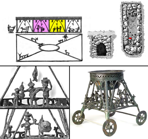 Ceremonial cart (a bronze incense burner) from Tomb 2 of the Olmo Bello necropolis at Bisenzio (Lake Bolsena, Viterbo), dating to the late 8th century BCE, with details of the family scene (yellow) and the hierogamy scene (pink) - National Etruscan Museum of Villa Giulia, Rome.