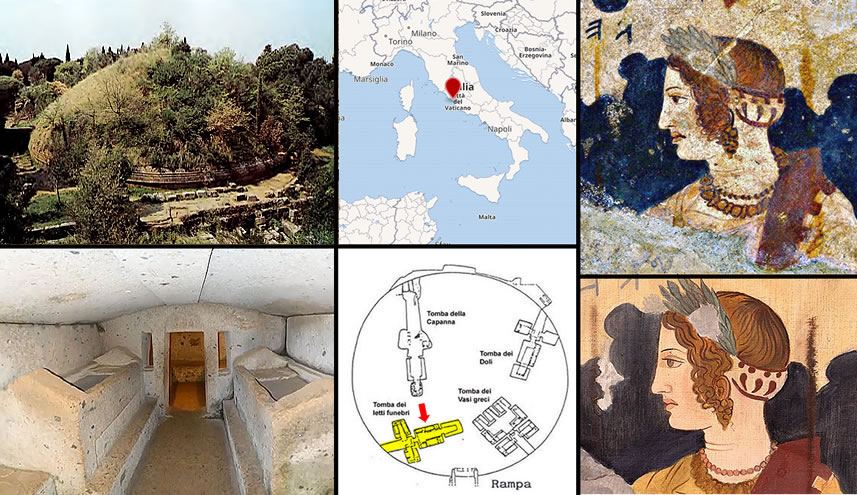 Tumulus II, which includes the Tomb of the Funeral Beds, and its plan. - The main chamber of the tomb with the two large beds for female burials (with triangular headboards) and the rear chamber with elongated windows. - Portrait of Velia (4th century BC; fresco; Tarquinia, Tomb of the Orcus).