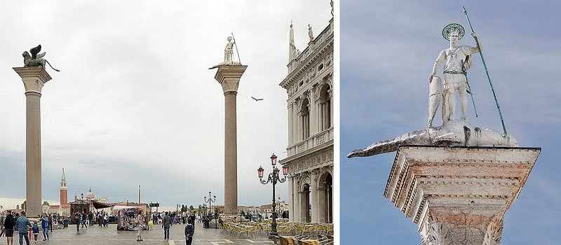 Statues of St. Mark and Theodore and Statue of St. Theodore on a crocodile/drake (Venice, Italy)