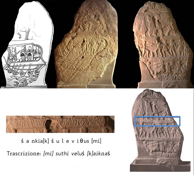 The funerary stele of Vel Kaikna depicts a large Etruscan warship sailing on the sea, and  Etruscan inscription '(I am) Vel Kaikna's tomb' on the reverse, Civic Archaeological Museum of Bologna