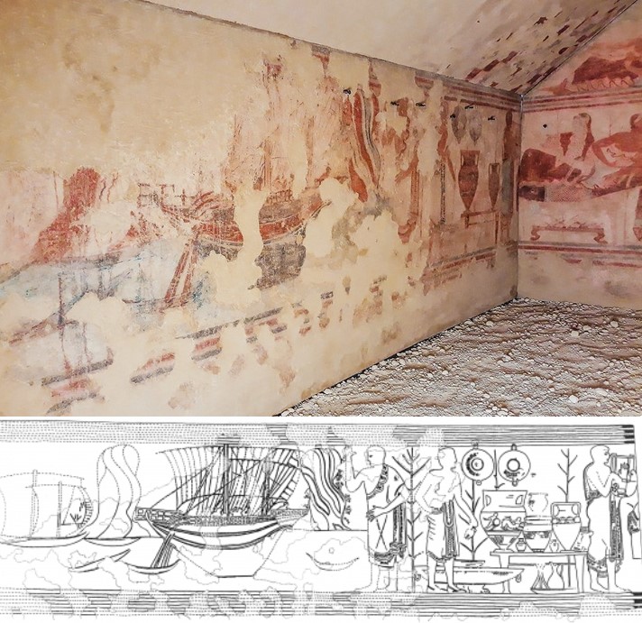 Etruscan tombs, Tarquinia (Tomb of the Boat). Unique for the sophisticated depiction on one of its walls of a maritime scene - including a sail-powered trading vessel, with two steering oars at its stern, and other craft around it - the 'Tomba della Nave' was discovered in 1958, and dismantled the same year.