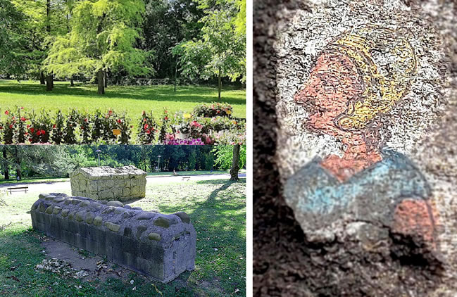 The two reconstructed Etruscan tombs inside the Margherita Gardens, Bologna - Image of a painting of a warrior discovered in a 4th century BCE Etruscan tomb in Amina, Salerno