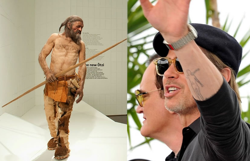 A reconstruction of Öetzi or Ötzi the Iceman, The South Tyrol Museum in Archaeology, Bolzano - Brad Pitt with the tattoo depicting the silhouette of Öetzi with the director Quentin Tarantino