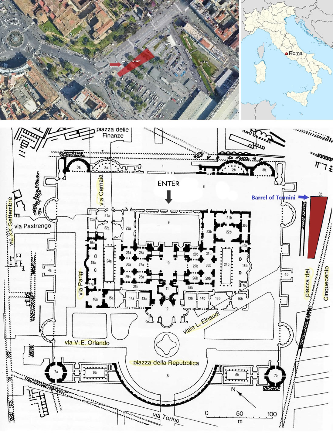 Trapezoidal Cistern of the Baths of Diocletian (marked in red) at Piazza dei Cinquecento, where Termini Railway Station is located. - Thermae Diocletianae. The elaborate complex of Diocletian’s Baths consisted of two main structures: the first was the enclosed building, centered around spaces dedicated to bathing and body care; the second was the trapezoidal cistern, positioned adjacent to the northeastern side of the walled enclosure.