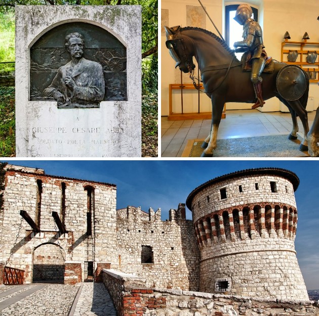 Monument to Giuseppe Cesare Abba in Brescia. 'TO GIUSEPPE ABBA, SOLDIER POET TEACHER, WHO WITH HIS EXAMPLE AND WORDS POINTED OUR YOUTH TO OUR ALPS. THE ENLIGHTENED BRESCIAN GENERATION, BY THE LIGHT OF HIS FAITH, CLAIMS THE SACRED BORDERS', and Brescia's Castle