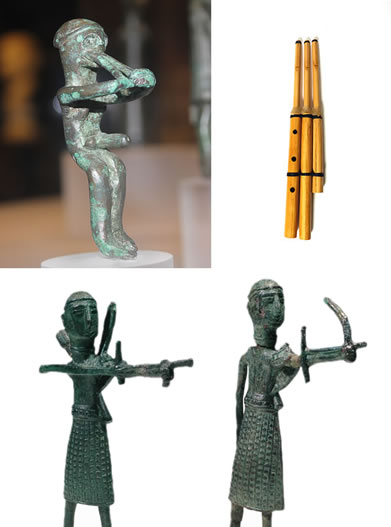 Itiphalic bronze of musician sitting who seems to play instrument consisting of three reeds, perhaps an launeddas (right) 8th century BC, Ittiri - Two bronzes of archers found in a tomb in the locality Sa Costa in Sardara. They present similarities and some similarities with the archers of the Neo-Assyrian depictions present in the doors of the royal palaces of Balawat, the era of Assunarsipal II and his successor Salmanassar III - (National Archaeological Museum in Cagliari) - 