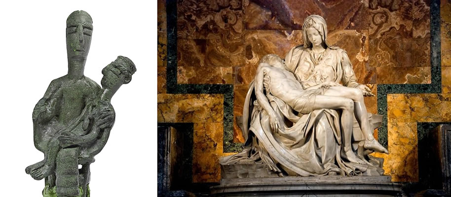 On the left the small bronze known as The mother of the murdered coming from Sa Dom'e S'Orku of Urzulei on the right Michelangelo's Pietà (1497-1499) - (National Archaeological Museum in Cagliari)