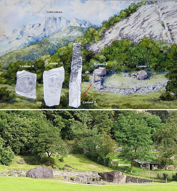 Hypothetical recostruction of the Cemmo Sanctuary during the Roman period. Several Chalcolithic steles still stood on the wall that enclosed the area around the Cemmo rocks (drawing P. Dander). Under, the site today.