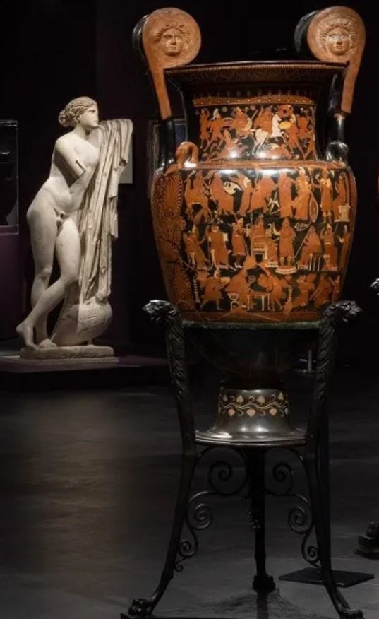 The Darius vase in the Archaeological Museum of Naples (340-320 BCE) today. Volute crater with masks in apula ceramic with red figures. Black paint with special overpainted.