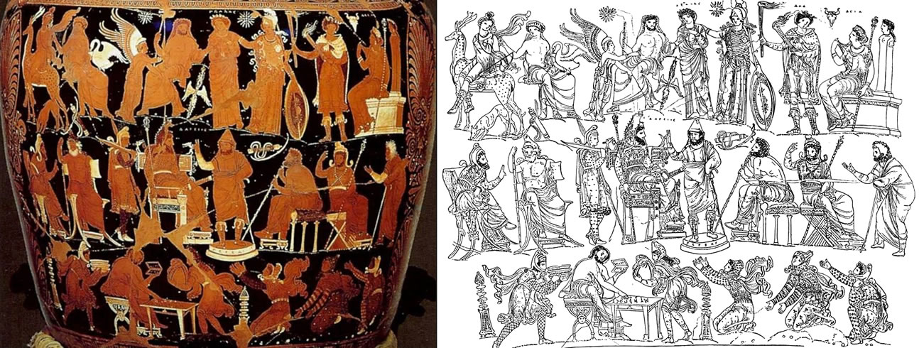 The three tiers on the body of the vase: Greeks gods, War Council of Darius, and tax collection
