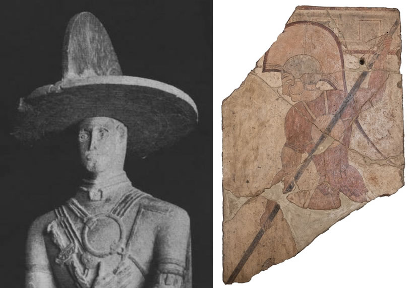 The helmet with the crest in the initial restoration (from MORETTI 1936) - Clay slab with warrior wearing a kardiophylax painted from Cerae - Cerveteri National Archaeological Museum